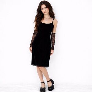 ICB Black Velvet Slip Dress Lace Hem Whimsygoth Minimalist Sz 8 Japan Made 90s